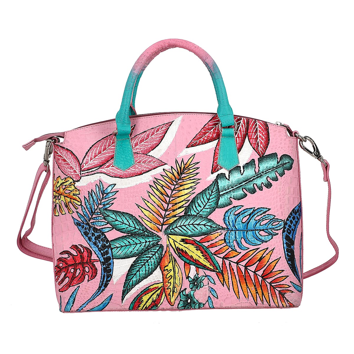 Sukriti Pink Butterfly Hand Painted Croco Embossed Genuine Leather Handbag With Adjustable Strap image number 5