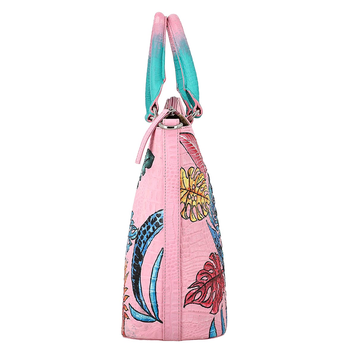 Sukriti Pink Butterfly Hand Painted Croco Embossed Genuine Leather Handbag With Adjustable Strap image number 6