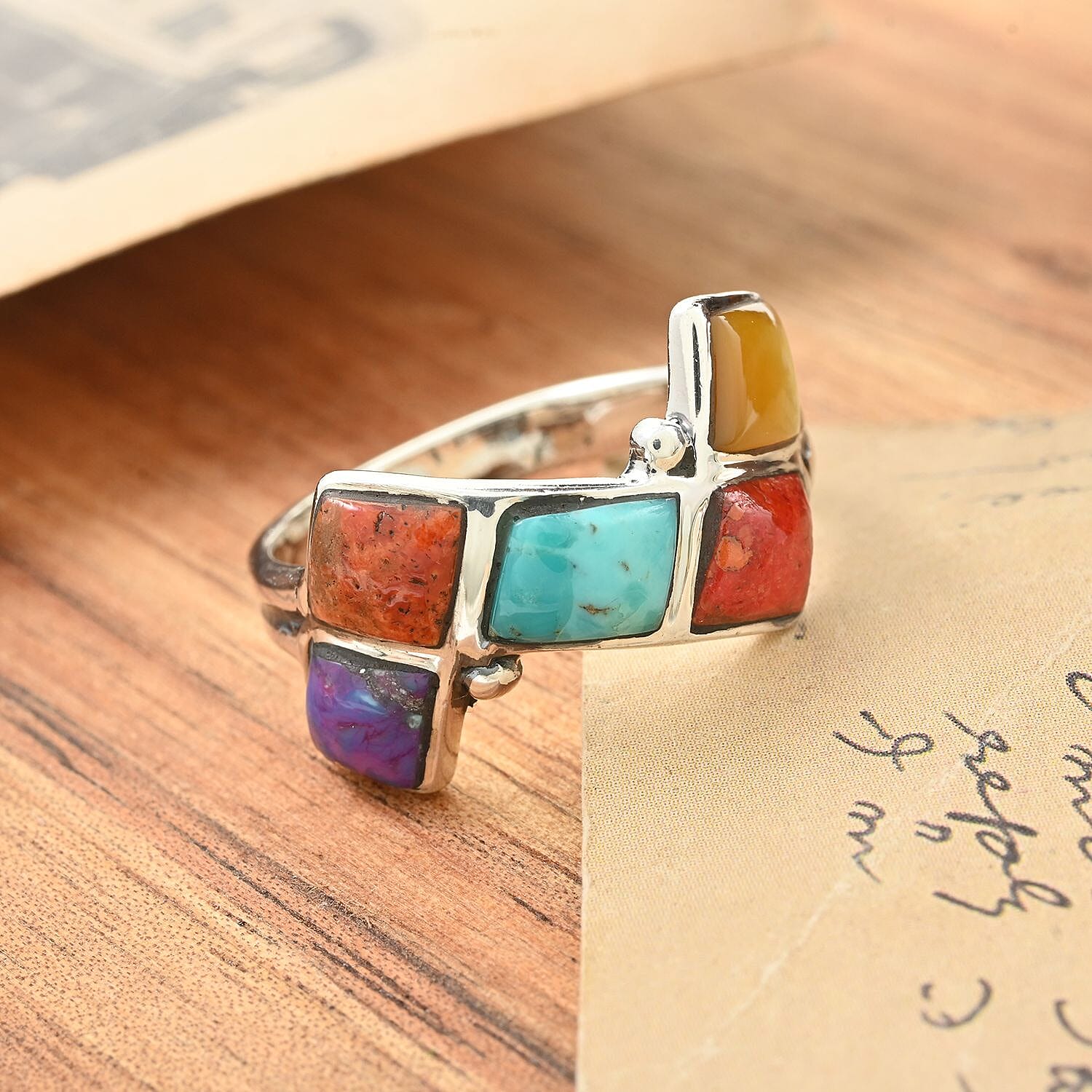 Santa Fe Style Multi Gemstone Ring in Sterling Silver (Size 10.0) 1.50 ctw