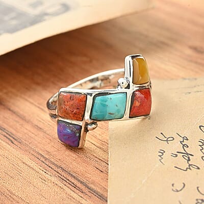 Santa Fe Style Multi Gemstone Ring in Sterling Silver (Size 10.0) 1.50 ctw