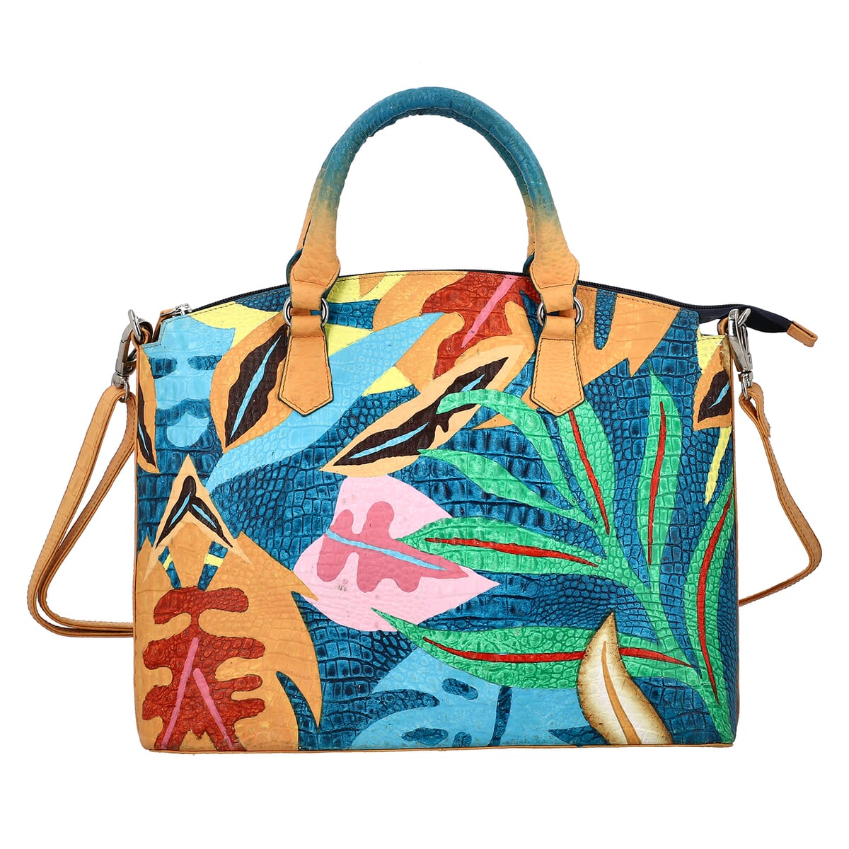 Sukriti Multi Color Tropical Foliage Hand Painted Croco Embossed Genuine Leather Handbag With Adjustable Strap image number 0