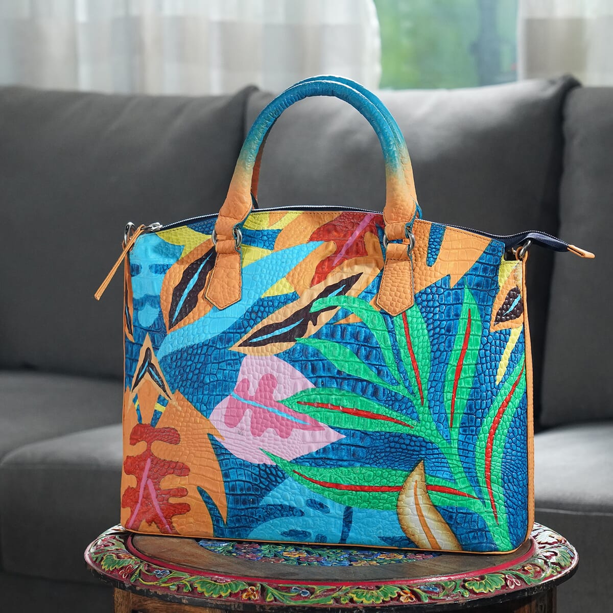 Sukriti Multi Color Tropical Foliage Hand Painted Croco Embossed Genuine Leather Handbag With Adjustable Strap image number 1