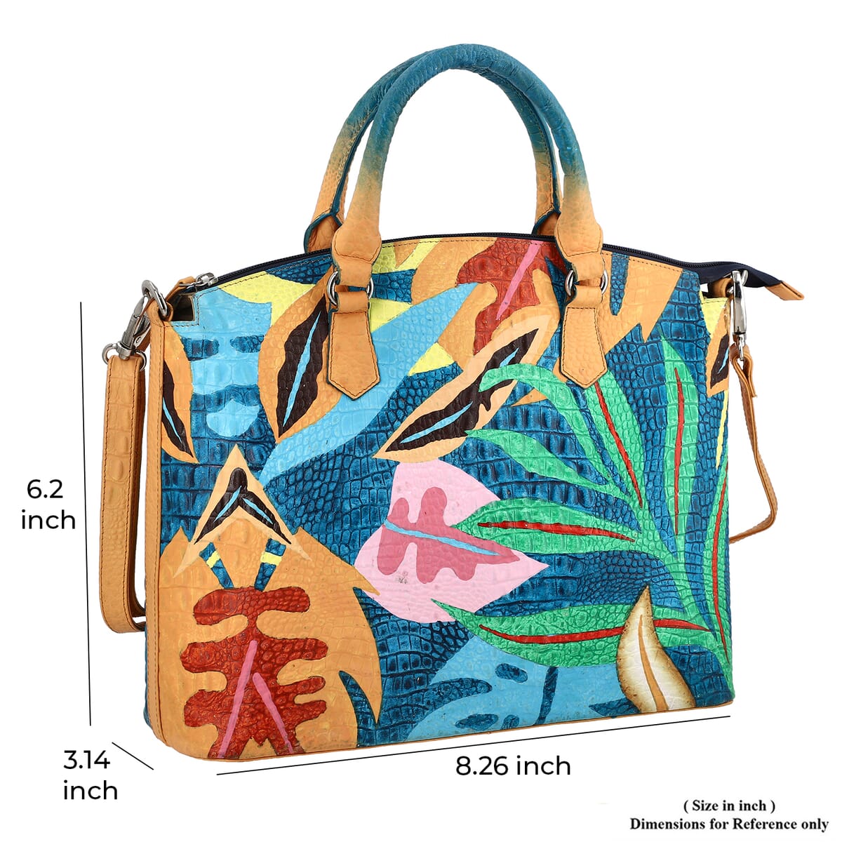 Sukriti Multi Color Tropical Foliage Hand Painted Croco Embossed Genuine Leather Handbag With Adjustable Strap image number 4