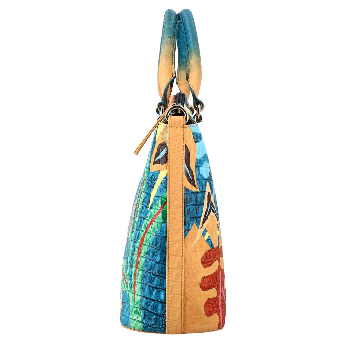 Sukriti Multi Color Tropical Foliage Hand Painted Croco Embossed Genuine Leather Handbag With Adjustable Strap image number 6