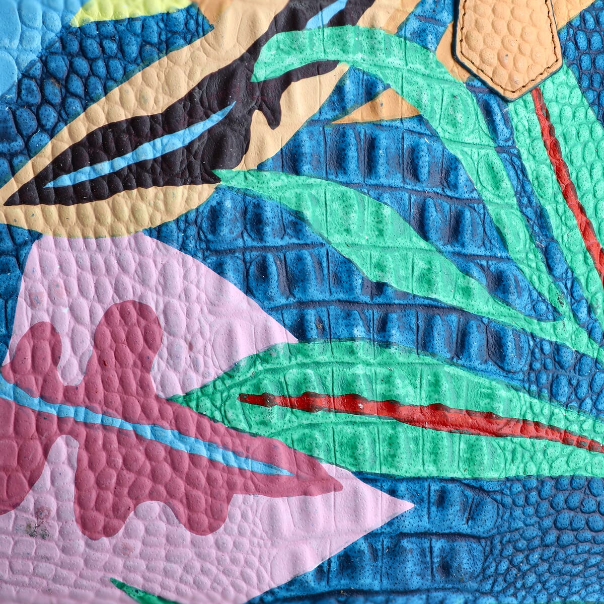 Sukriti Multi Color Tropical Foliage Hand Painted Croco Embossed Genuine Leather Handbag With Adjustable Strap image number 8