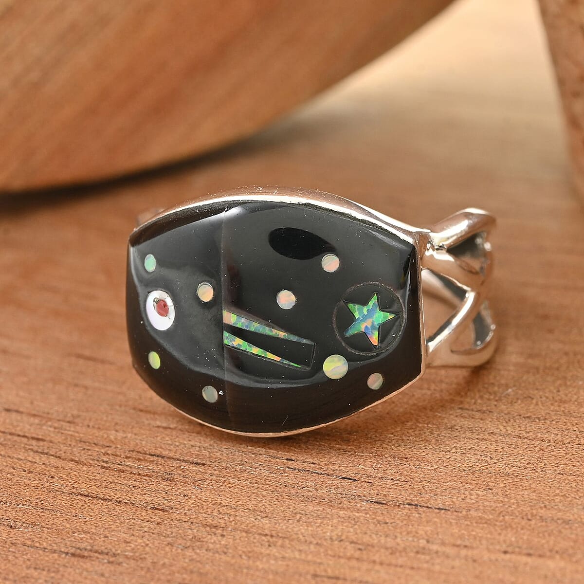Santa Fe Style Black Onyx, Multi Gemstone Ring in Sterling Silver (Size 6.0) 3.90 ctw image number 1