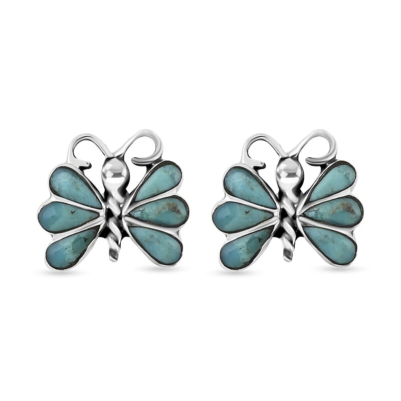 Santa Fe Style Spiny Turquoise Butterfly Earrings in Sterling Silver 0.65 ctw