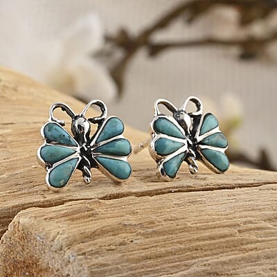 Santa Fe Style Spiny Turquoise Butterfly Earrings in Sterling Silver 0.65 ctw