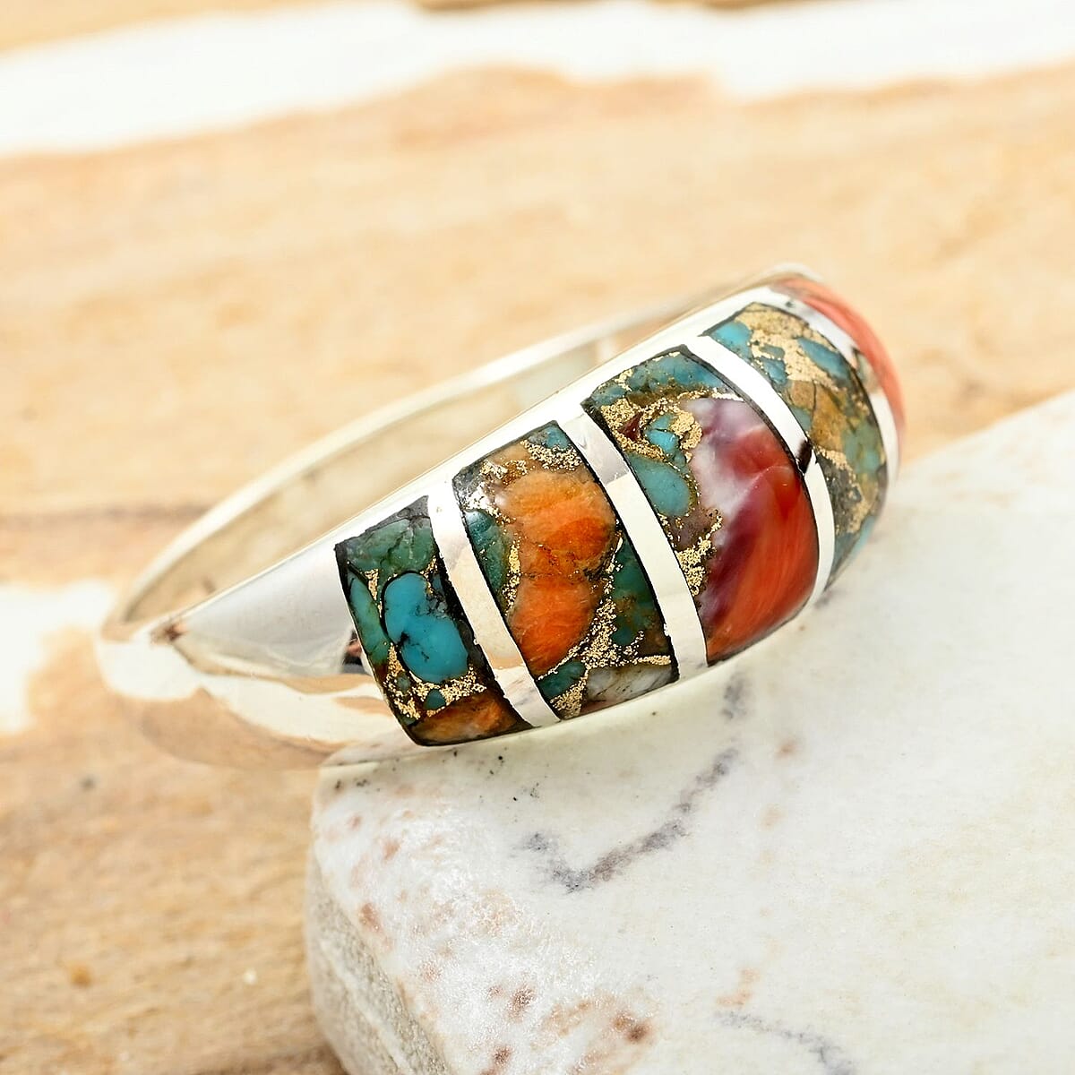 Santa Fe Style Spiny Turquoise Ring in Sterling Silver (Size 6.0) 1.25 ctw image number 1