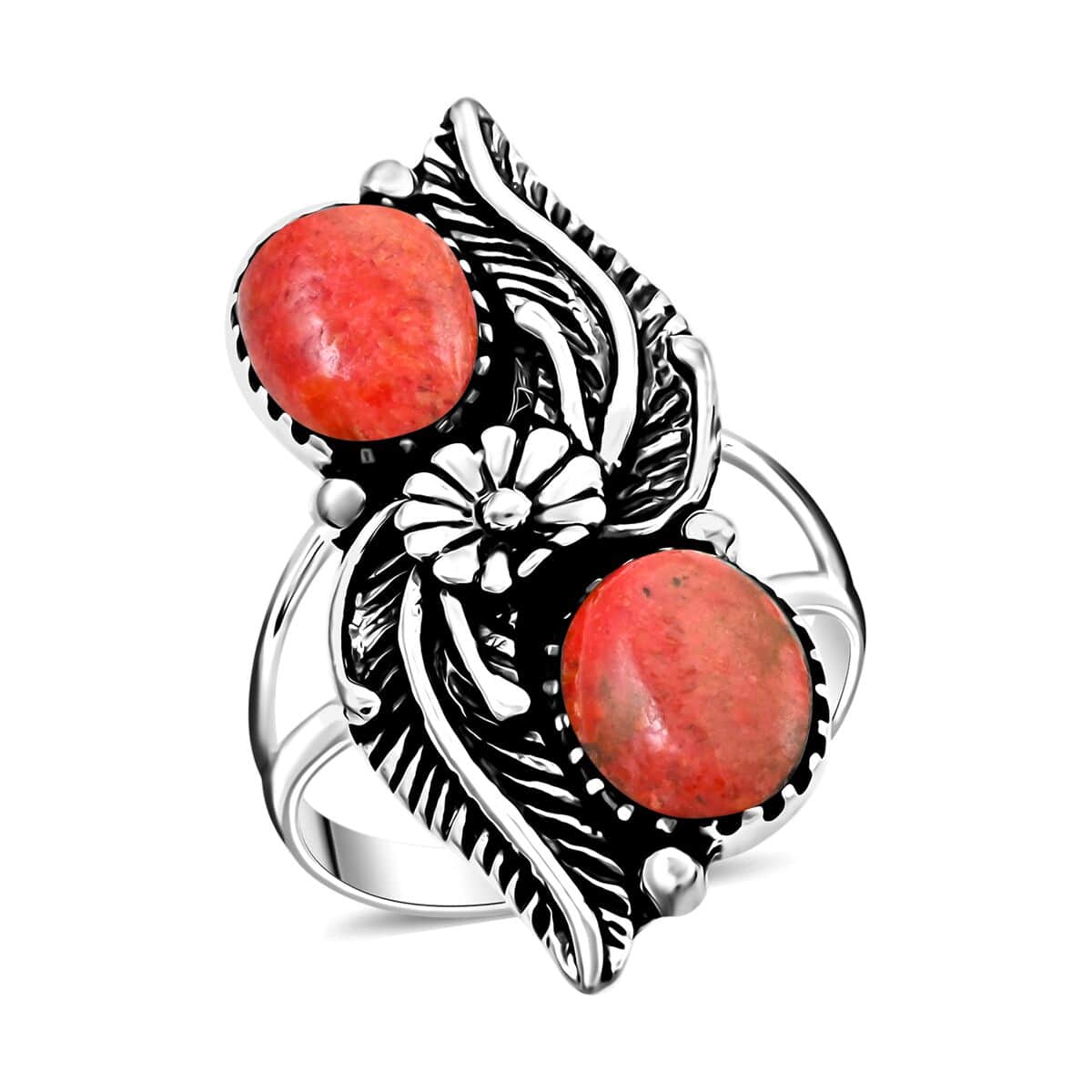 Santa Fe Style Red Coral Ring in Sterling Silver (Size 10.0) image number 0