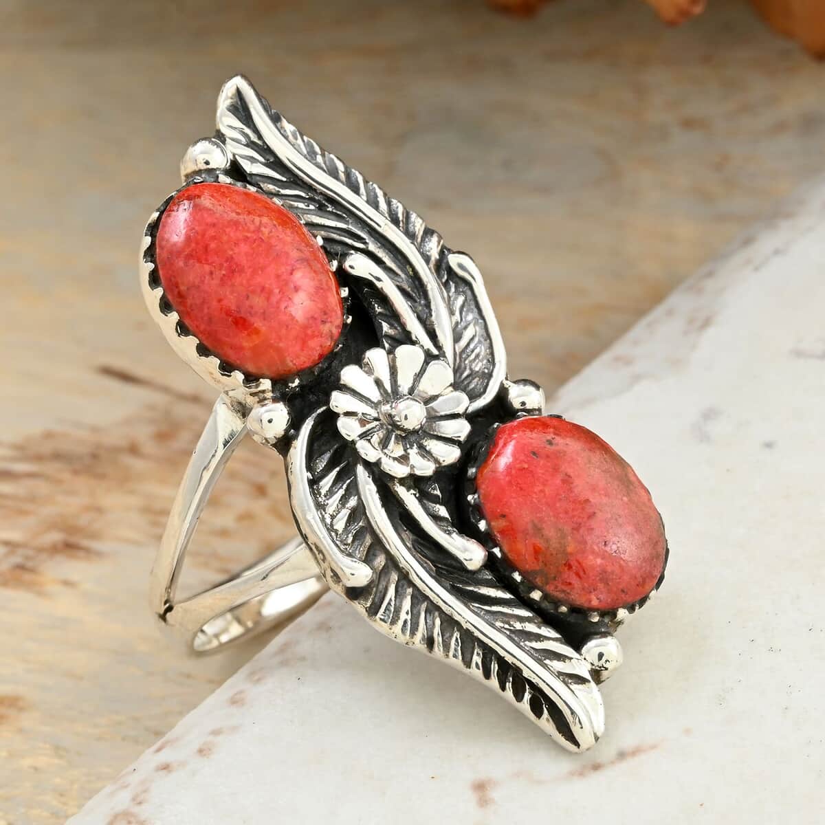 Santa Fe Style Red Coral Ring in Sterling Silver (Size 10.0) image number 1