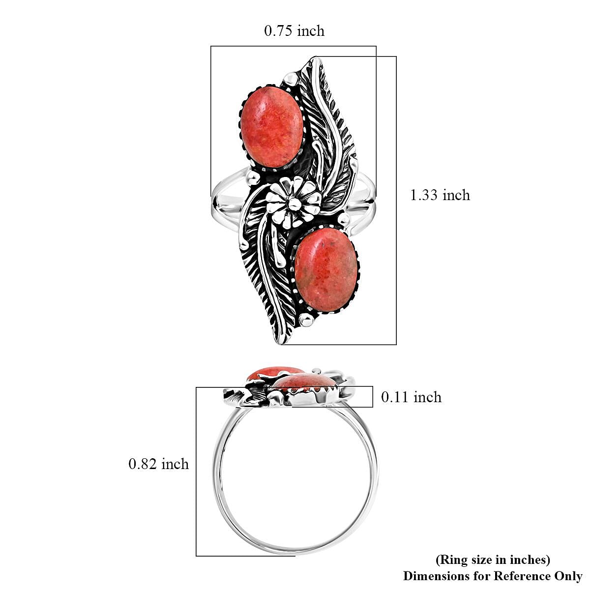 Santa Fe Style Enhanced Red Coral Ring in Sterling Silver (Size 10.0) 2.50 ctw
