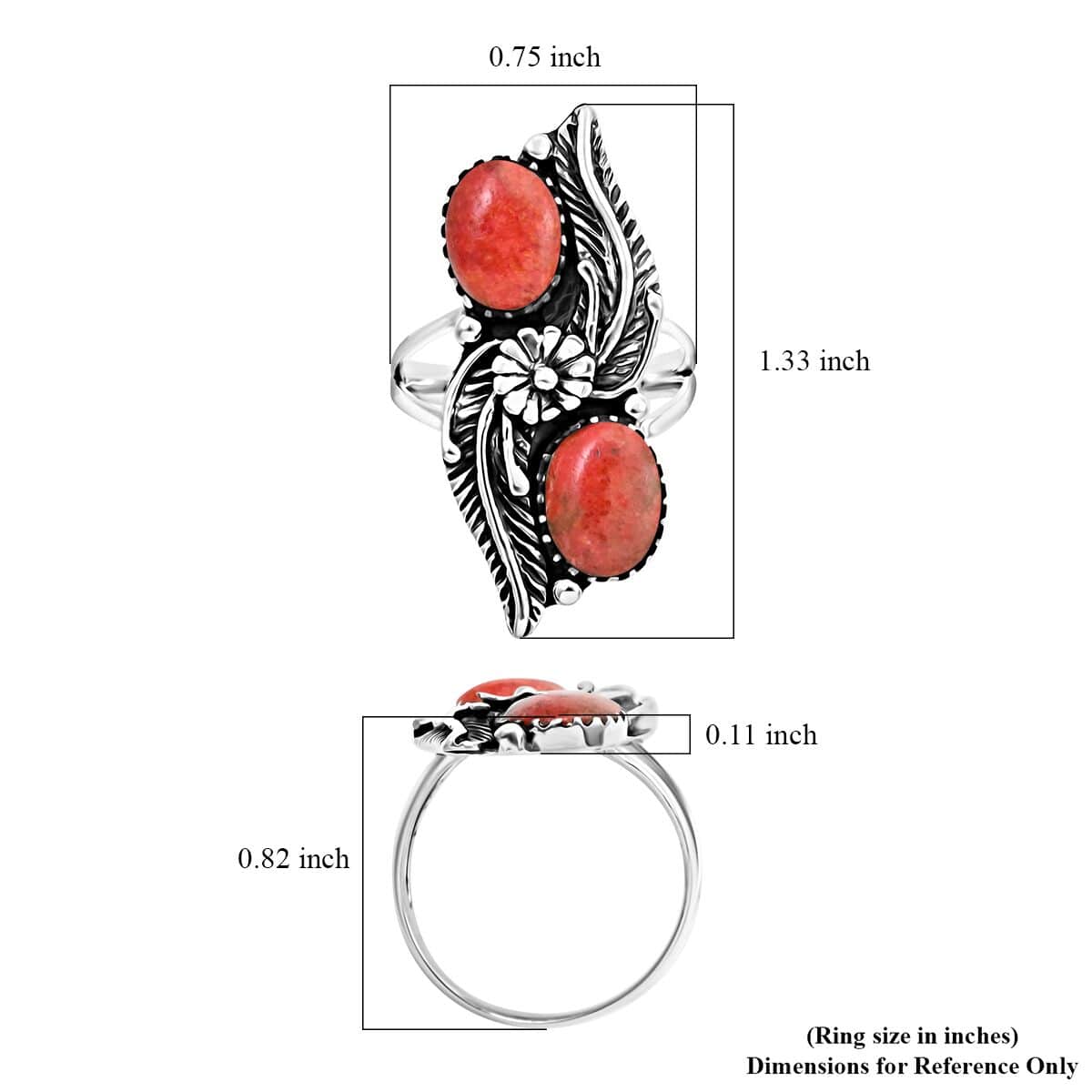 Santa Fe Style Red Coral Ring in Sterling Silver (Size 10.0) image number 4