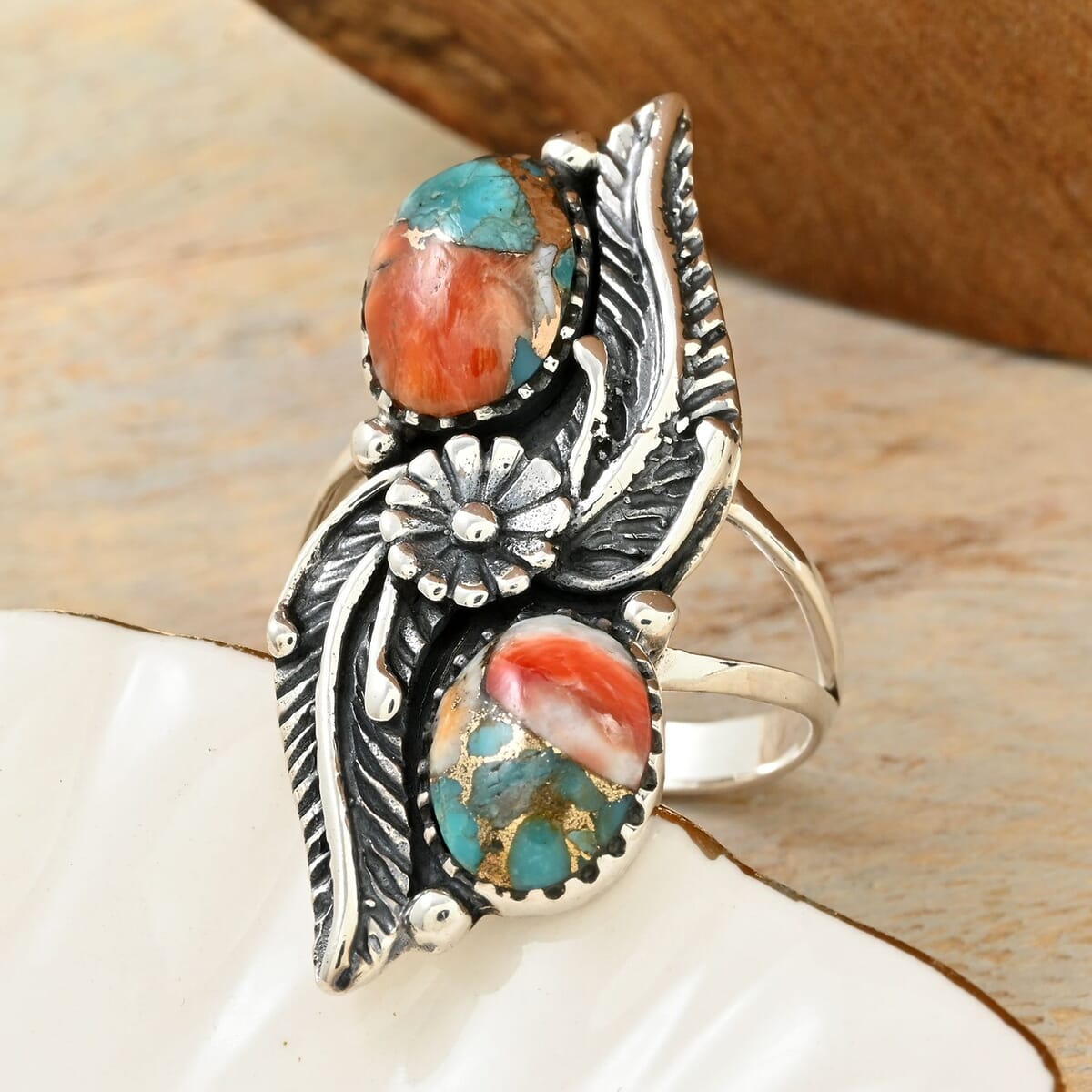 Santa Fe Style Spiny Turquoise Ring in Sterling Silver (Size 10.0) 2.50 ctw image number 1
