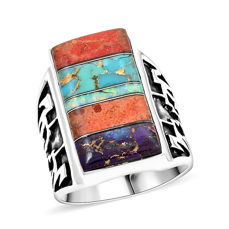 Santa Fe Style Multi Gemstone Ring in Sterling Silver (Size 10.0) 1.75 ctw
