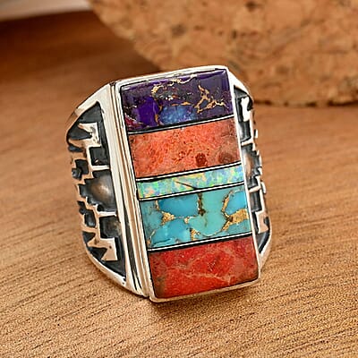 Santa Fe Style Multi Gemstone Ring in Sterling Silver (Size 10.0) 1.75 ctw