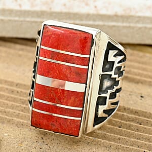 Santa Fe Style Red Coral Ring in Sterling Silver (Size 7.0)