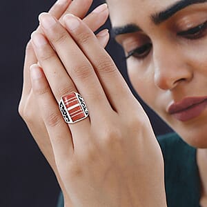 Santa Fe Style Red Coral Ring in Sterling Silver (Size 7.0)