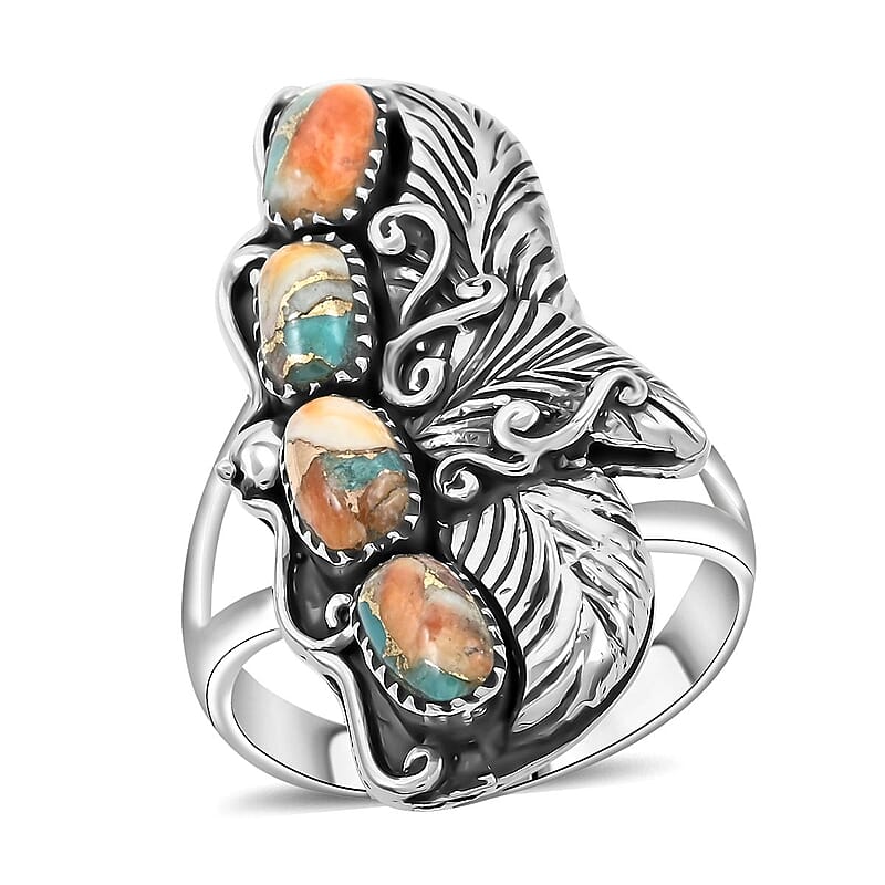 Santa Fe Style Spiny Turquoise Ring in Sterling Silver (Size 10.0) 1.60 ctw