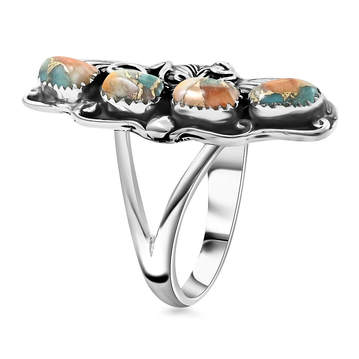 Santa Fe Style Spiny Turquoise Ring in Sterling Silver (Size 6.0) 1.60 ctw image number 3