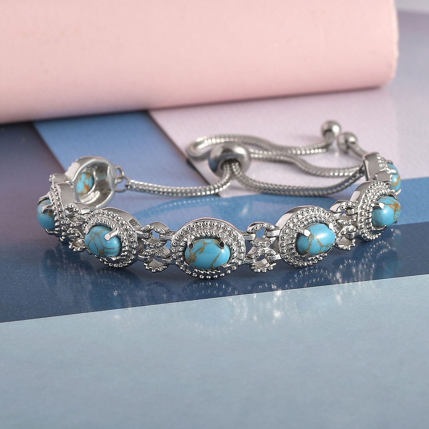 Mojave Blue Turquoise 4.85 ctw Beaded Bolo Bracelet in Stainless Steel