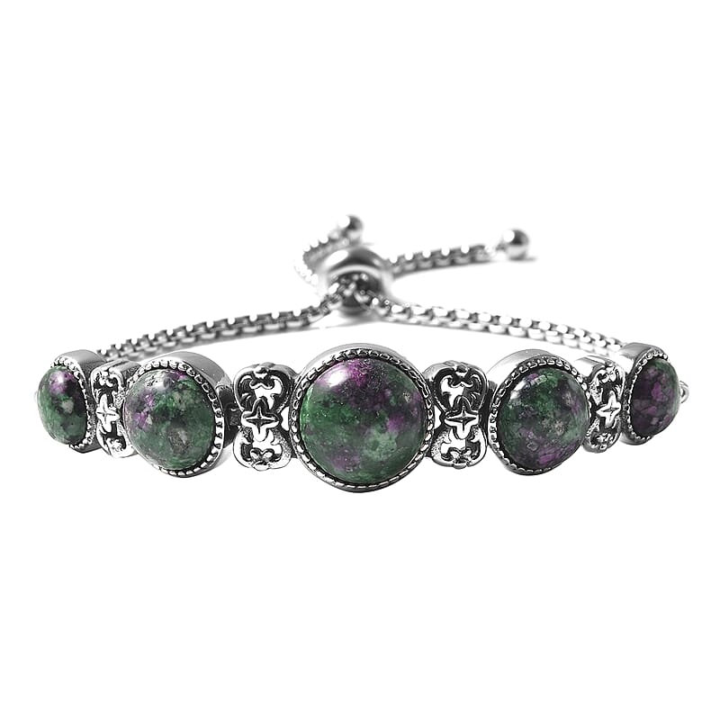 Ruby Zoisite Stations Bolo Bracelet in Stainless Steel 18.00 ctw
