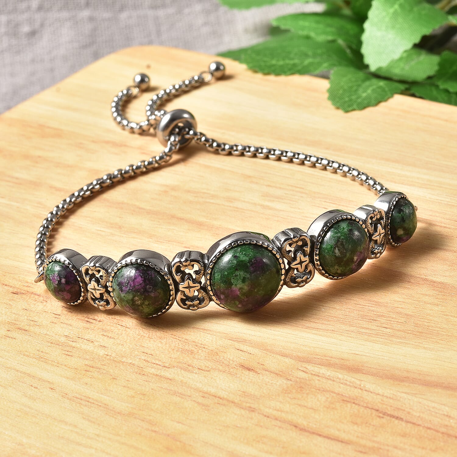 Ruby Zoisite Stations Bolo Bracelet in Stainless Steel 18.00 ctw