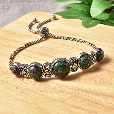 Ruby Zoisite Stations Bolo Bracelet in Stainless Steel 18.00 ctw