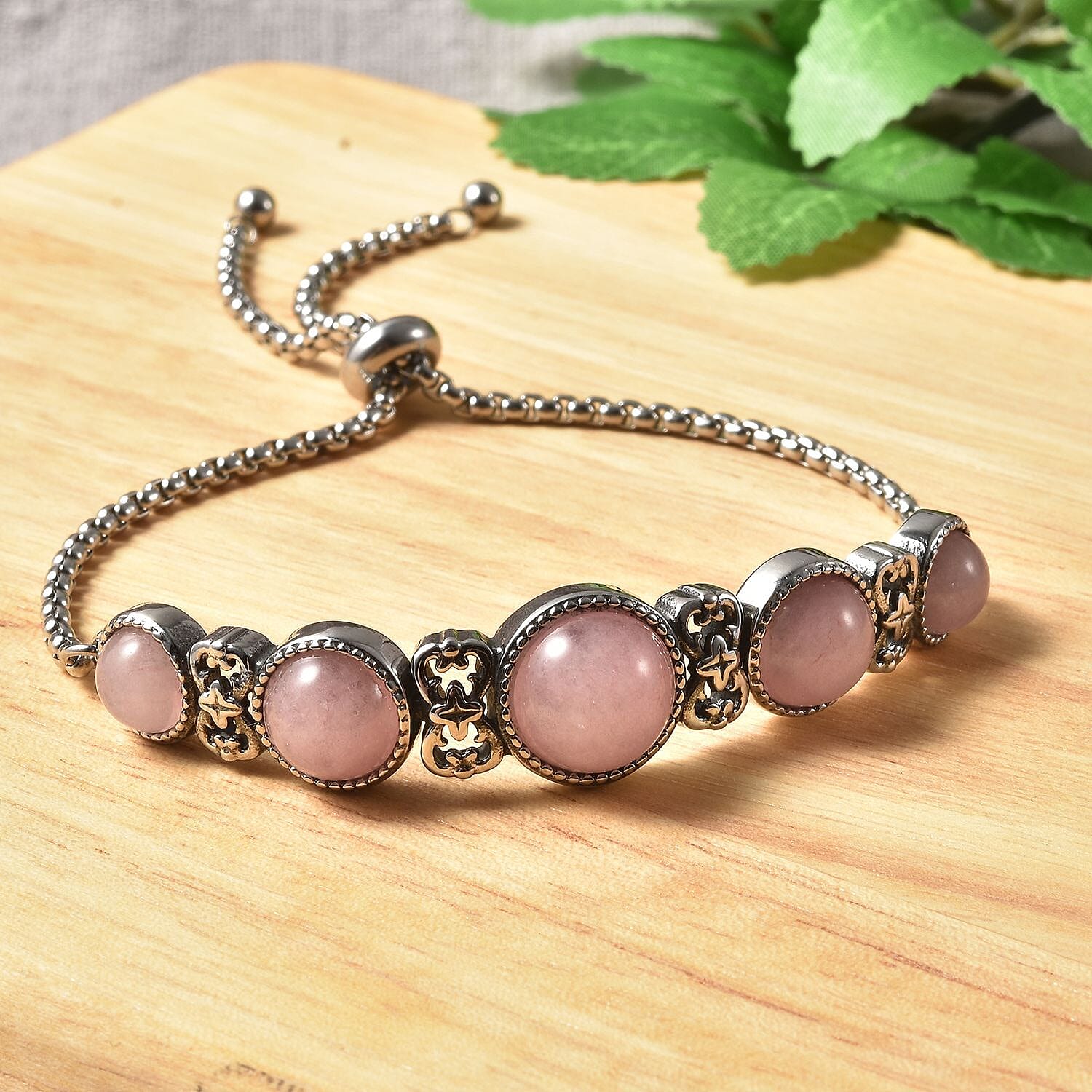 Galilea Rose Quartz Station Bracelet in Stainless Steel| Adjustable Bolo Bracelet For Women 15.50 ctw