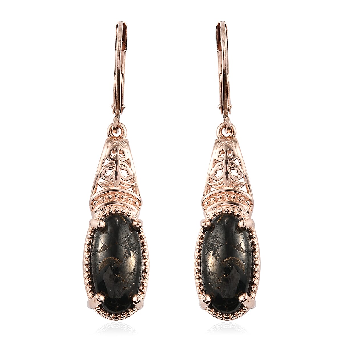 Matrix Silver Shungite Lever Back Earrings in 14K Rose Gold Over Copper With Magnet and ION Plated Rose Gold Stainless Steel 4.75 ctw