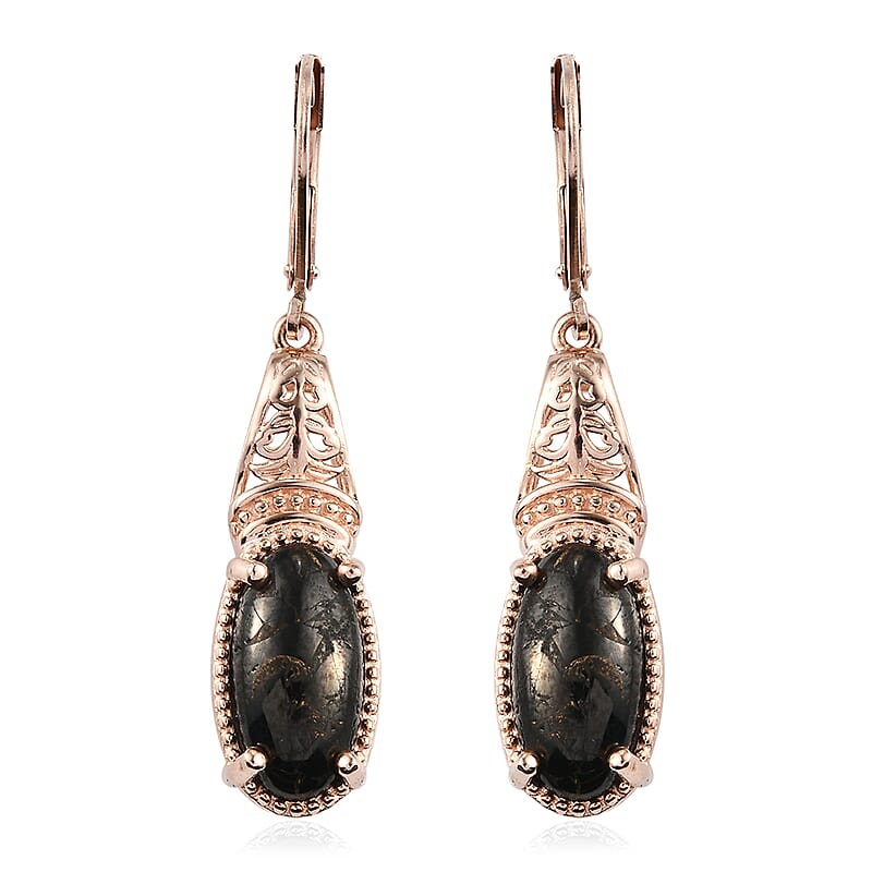 Matrix Silver Shungite Lever Back Earrings in 14K Rose Gold Over Copper With Magnet and ION Plated Rose Gold Stainless Steel 4.75 ctw