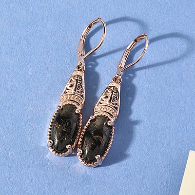 Matrix Silver Shungite Lever Back Earrings in 14K Rose Gold Over Copper With Magnet and ION Plated Rose Gold Stainless Steel 4.75 ctw