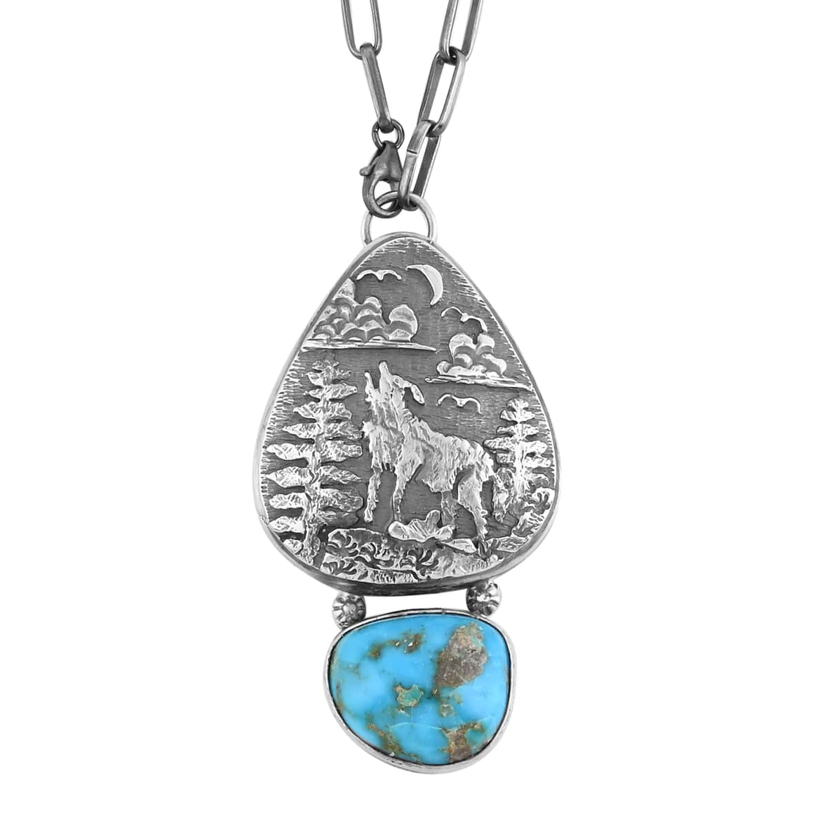 ONE OF A KIND SANTA FE Style Turquoise Persian Turquoise Howling Wolf Necklace 22 Inches in Sterling Silver 60.60 Grams (Made in USA) 6.50 ctw image number 0