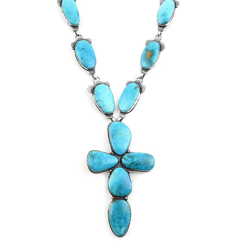 Santa Fe Style Mojave Turquoise Statement Cross Necklace 34 Inches in Sterling Silver (Made in USA) 1525.00 ctw