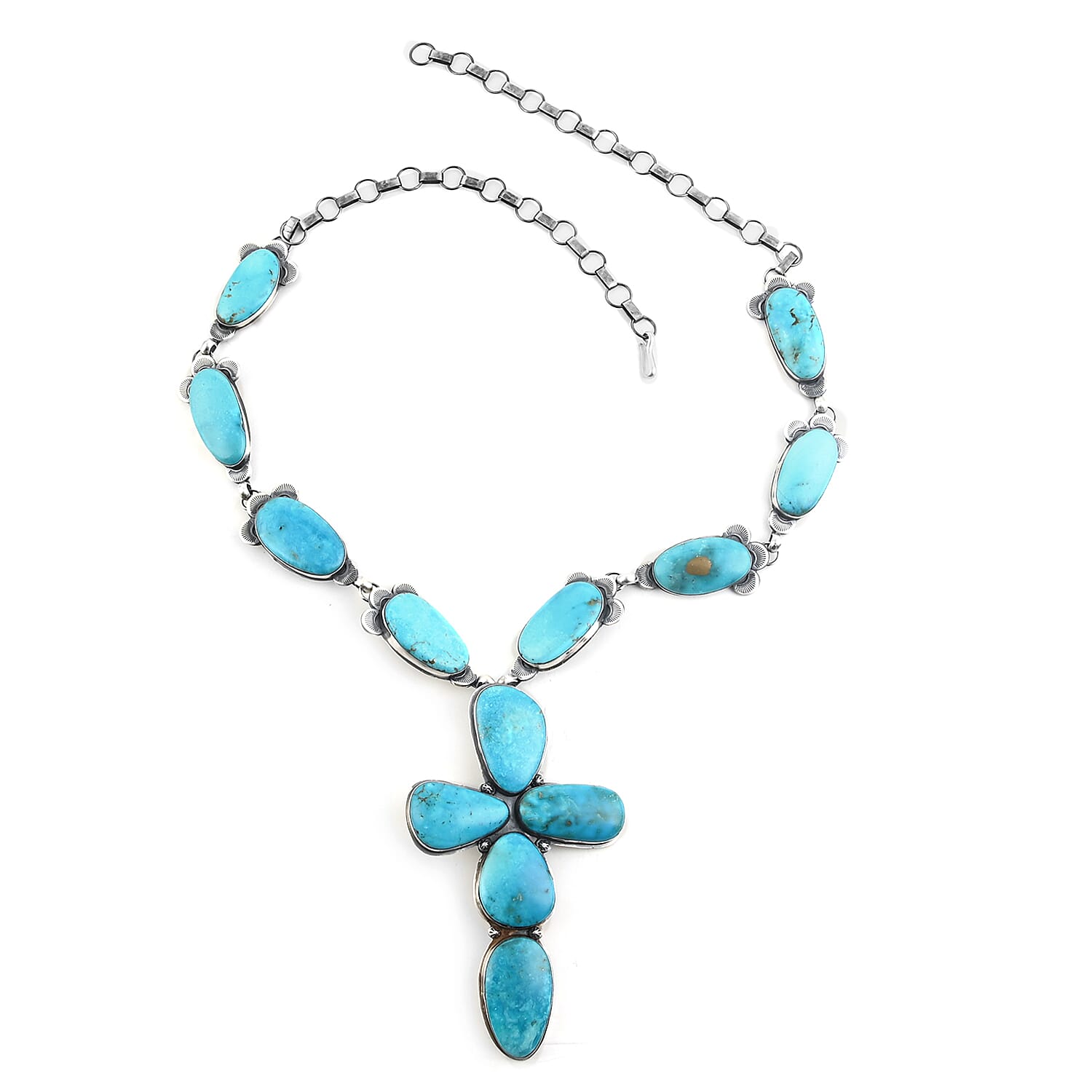 Santa Fe Style Mojave Turquoise Statement Cross Necklace 34 Inches in Sterling Silver (Made in USA) 1525.00 ctw