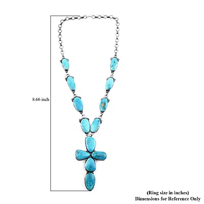 Santa Fe Style Mojave Turquoise Statement Cross Necklace 34 Inches in Sterling Silver (Made in USA) 1525.00 ctw
