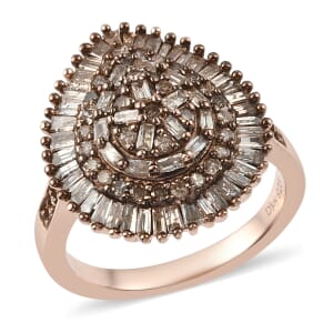 Natural Champagne Diamond Pear Shape Cluster Ring in Rhodium and Vermeil Rose Gold Over Sterling Silver (Size 6.0) 1.00 ctw