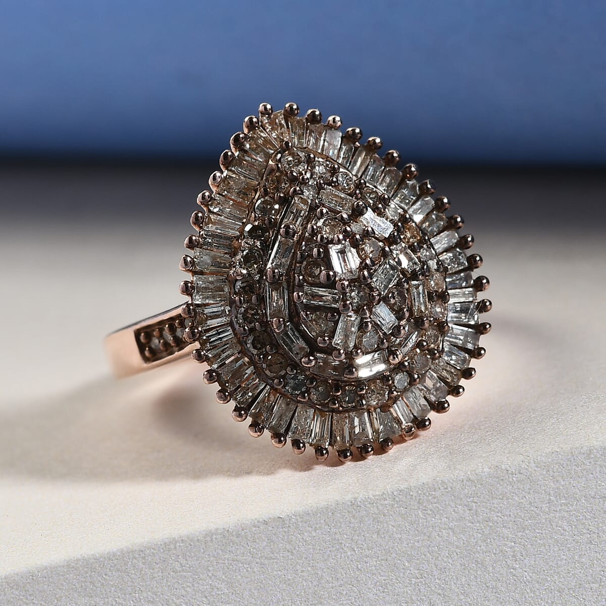 Natural Champagne Diamond Pear Shape Cluster Ring in Rhodium and Vermeil Rose Gold Over Sterling Silver (Size 6.0) 1.00 ctw image number 1