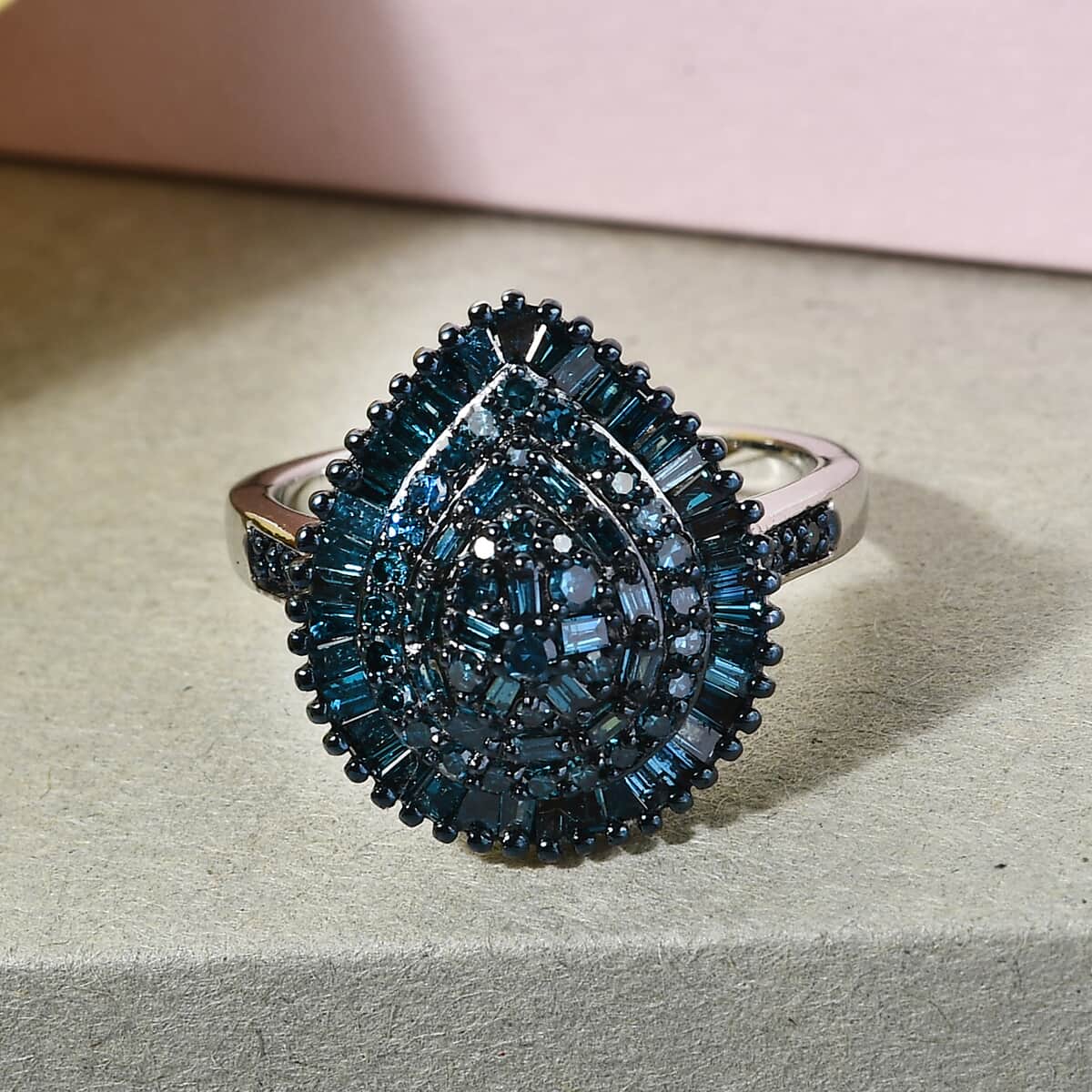 DOORBUSTER Blue Diamond (IR) Cluster Ring in Rhodium and Platinum Over Sterling Silver 1.00 ctw image number 1