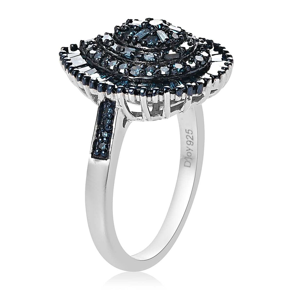 Blue Diamond Cluster Ring in Rhodium and Platinum Over Sterling Silver (Size 10.0) 1.00 ctw