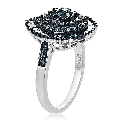 Blue Diamond Cluster Ring in Rhodium and Platinum Over Sterling Silver (Size 10.0) 1.00 ctw