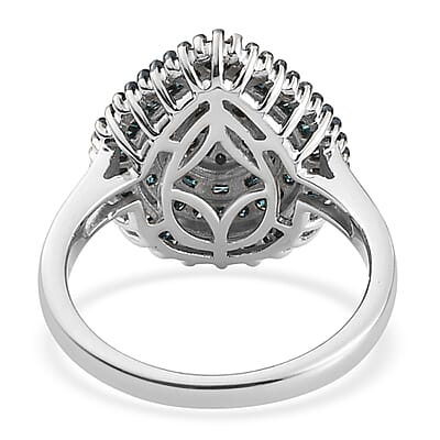 Blue Diamond Cluster Ring in Rhodium and Platinum Over Sterling Silver (Size 10.0) 1.00 ctw
