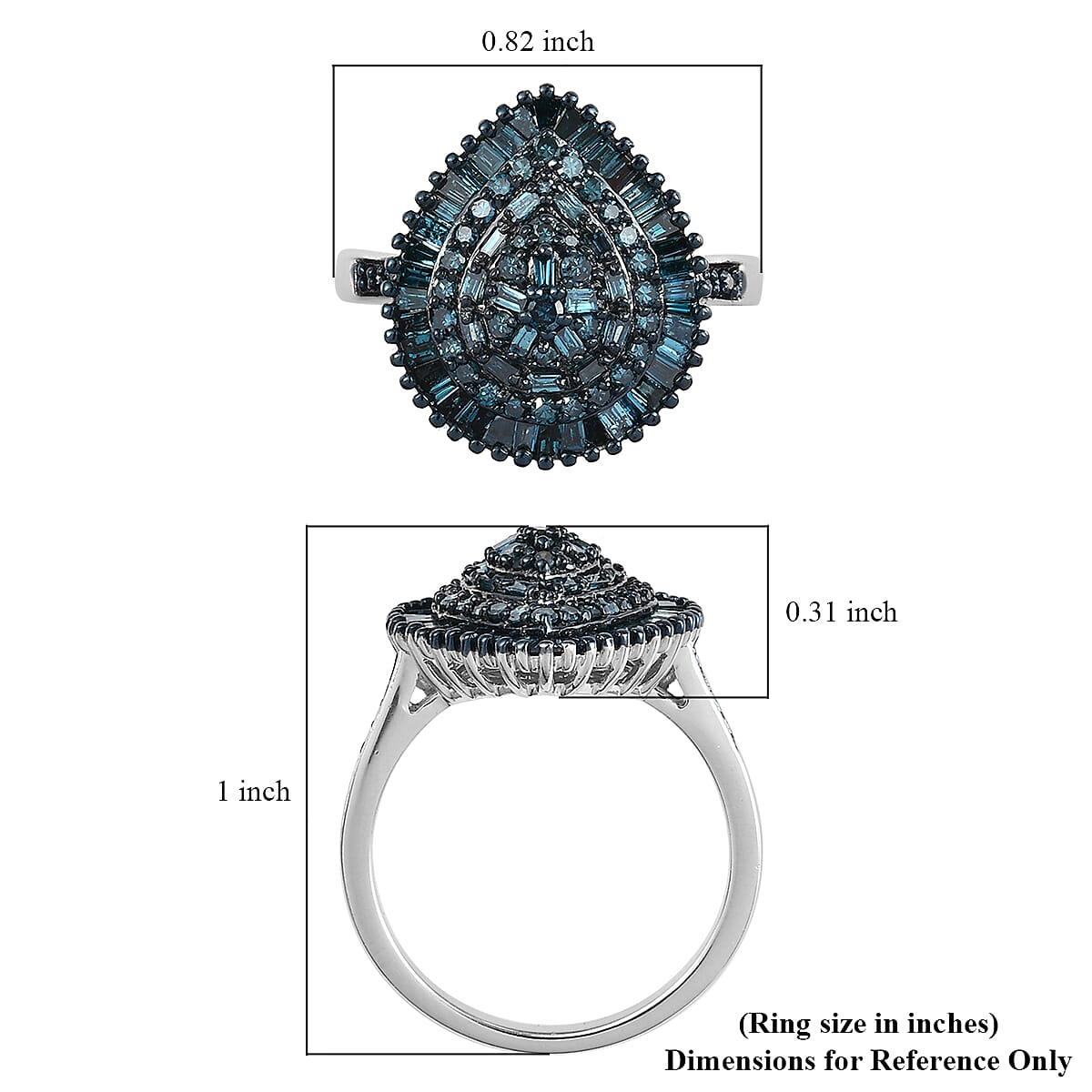 Blue Diamond Cluster Ring in Rhodium and Platinum Over Sterling Silver (Size 10.0) 1.00 ctw