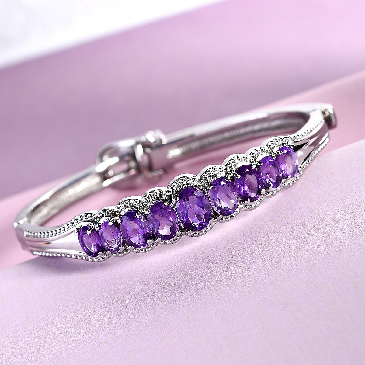 Amethyst Bangle Bracelet With Adjustable Lock in Stainless Steel (7.25 In) 5.65 ctw image number 1