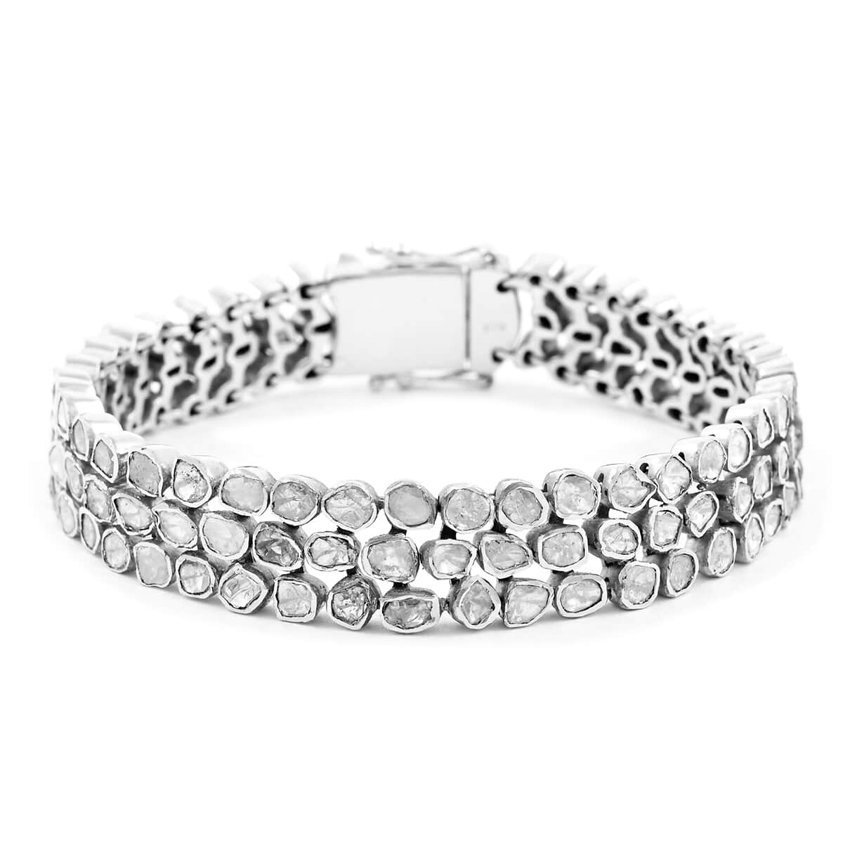 Polki Diamond Triple Row Bracelet in Rhodium Over Sterling Silver (7.50 In) 7.00 ctw image number 0