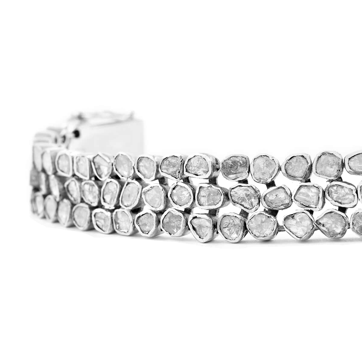 Polki Diamond Triple Row Bracelet in Rhodium Over Sterling Silver (7.50 In) 7.00 ctw image number 1