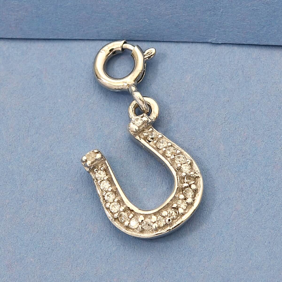 Natural White Zircon Lucky Horseshoe Talisman Charm in Platinum Over Sterling Silver 0.15 ctw image number 1