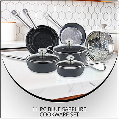 SIMPLE & Co 11 PC Blue Sapphire Cookware Set | Aluminum Stainless Steel Cookware Set | Non Stick Cookware Set