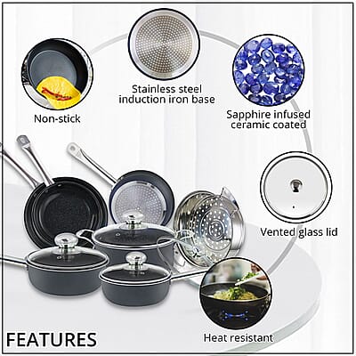 SIMPLE & Co 11 PC Blue Sapphire Cookware Set | Aluminum Stainless Steel Cookware Set | Non Stick Cookware Set