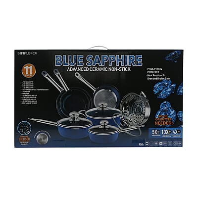 SIMPLE & Co 11 PC Blue Sapphire Cookware Set | Aluminum Stainless Steel Cookware Set | Non Stick Cookware Set